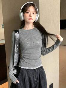 Women's Rhinestone Design Fitted Long Sleeve T-Shirt, Versatile Inner Layer Top - Grey - View 2