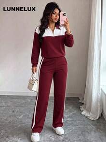 LUNNELUX Women Fall Wine Red Color Block 2 Pieces Outfits, Half Zip Collar Long Sleeve Top & Side Stripe Wide Leg Pants Set, Casual Daily Tracksuit - Burgundy - View 3
