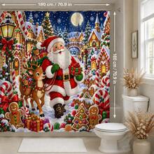 1pc/4pcs Gingerbread Town Santa Claus Pattern Multi-Functional Bathroom Decor Shower Curtain Set, Free 12 Hooks, Premium Holiday Atmosphere, Bathroom Mat, U-Shaped Bath Mat And Round Toilet Lid Cover, Suitable For All Occasions, Bathroom Set - Gingerbread Town Santa Claus - View 10