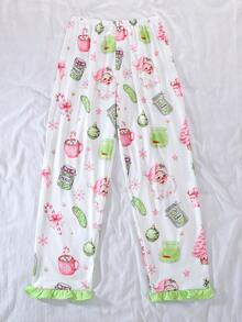 2pcs/Set Christmas Children's Short Sleeve Pajama Set, Flame Retardant Fabric, Cartoon Santa Claus Print Pattern, Green Ruffle Trim Design On Cuffs, Hem And Pockets, Lapel Short Sleeve Cardigan And Long Pants Set, Suitable For All Seasons, Home Wear, Comfortable And Loose, Girls Middle And Big Tween Girl - White - View 9