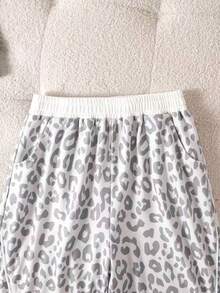 Young Girls Spring/Autumn Leopard Print Drawstring Elastic Waist Drape Floor-Length Casual Wide Leg Sports Long Pants - Grey - View 5