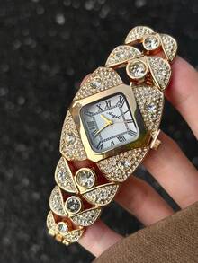 1PC Women Gold Tone Leaf Shaped Link Quartz Bracelet Watch With Square Silver Roman Numeral Dial Large Crystals And Rhinestones Vintage Luxury Gift - Gold - View 4