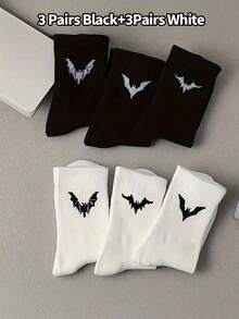 1/2/6/12 Pairs Of Bat Print Socks, Gothic Style, Comfortable Mid Length Socks, Suitable For Daily Wear, Available In Black And White, Autumn Style - Multicolor - View 9