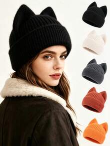 Pc Women Cute Cat Ear Knit Beanie Hat, Soft Plush Ribbed Cuffed Beanie, Solid Warm Winter Hat For Daily Wear - Cat Ear Knitted Hat - View 1