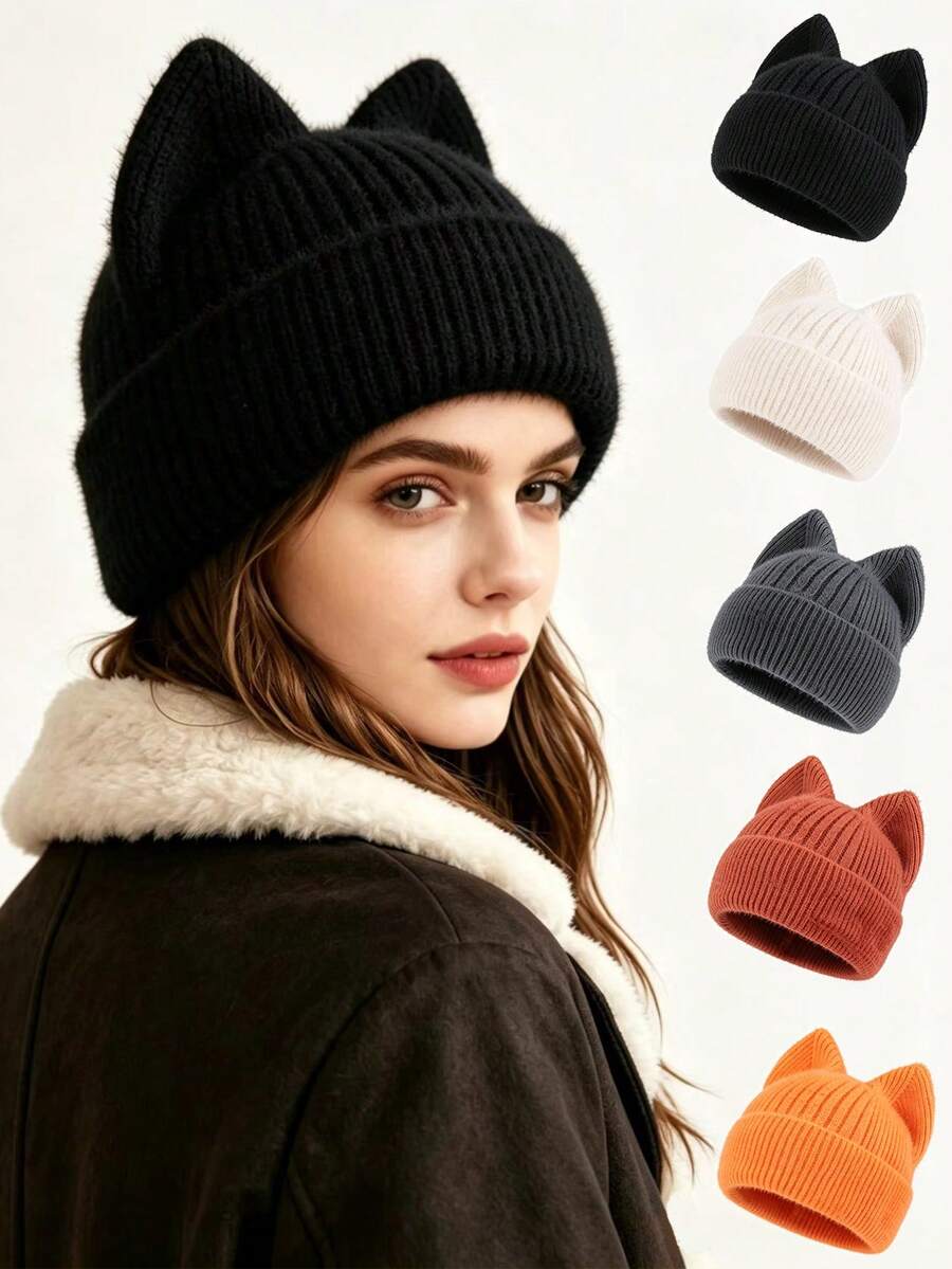 Pc Women Cute Cat Ear Knit Beanie Hat, Soft Plush Ribbed Cuffed Beanie, Solid Warm Winter Hat For Daily Wear - Cat Ear Knitted Hat - View 1