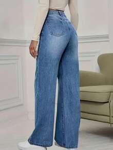 Teen Girls Light Blue Casual Daily Travel Washed Straight Leg Wide Leg Loose Fit Jeans With Pockets And Buttons - Light Wash - View 2