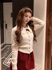 Korean Style Sexy Peter Pan Collar Bow Long Sleeve Knit Cardigan Top Women's Autumn Design Base Layer Innerwear Outerwear - Apricot - View 1