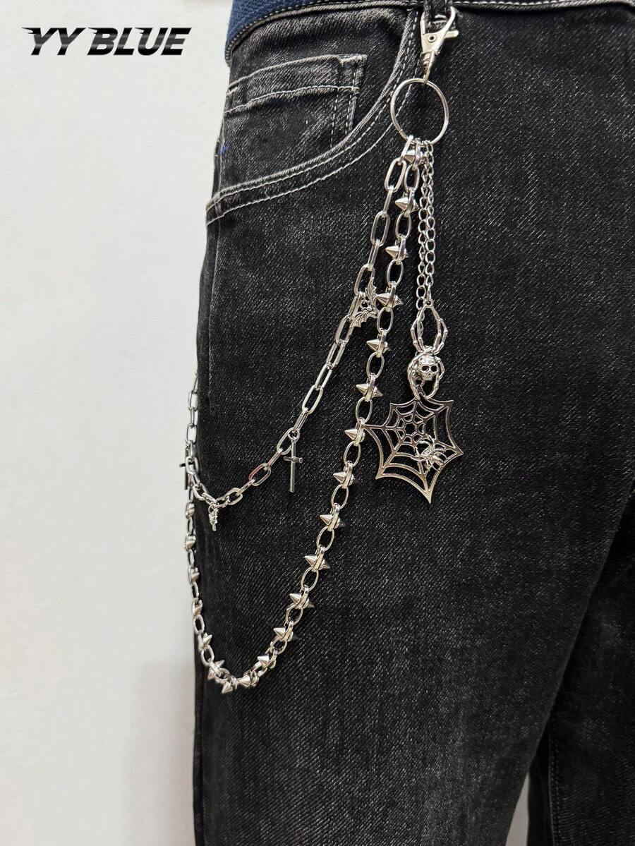 1pc Fashion Gothic Men's Pants Chain, Rivet, Cross, Spider, Spider Web With Metal Chain Design, Waist Chain For Men And Women Daily And Party Wear - Multicolor - View 1