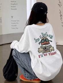 Women's Fashion Autumn/Winter Loose Minimalist Versatile Cat Paw & Cartoon Duck Print Long Sleeve T-Shirt - White - View 3
