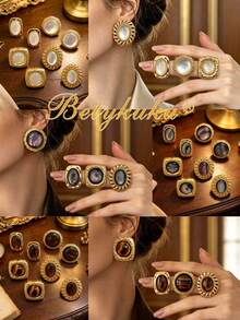 2pcs European And American Fashion Old Money Gold Tiger Eye Laser White Shell Premium Earrings - Aurora - View 7