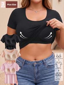 3pcs Plus Size Women's Built-In -Shirts, Solid Color Crew Neck Short Sleeve Thick Lining Basic Style, Wireless Bandeau Innerwear - Multicolor - View 7
