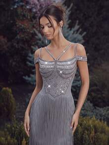 FEELAIR New Cold Shoulder Spaghetti Strap Heavy Rhinestone Tassel Long Dress, Grey Slim Fit Evening Gown, Suitable For Party, Banquet And Formal Occasions - Gray Blue - View 3