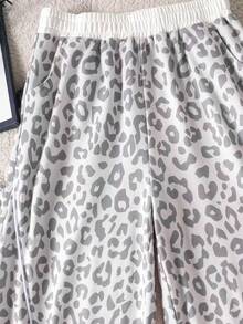 Young Girls Spring/Autumn Leopard Print Drawstring Elastic Waist Drape Floor-Length Casual Wide Leg Sports Long Pants - Grey - View 3