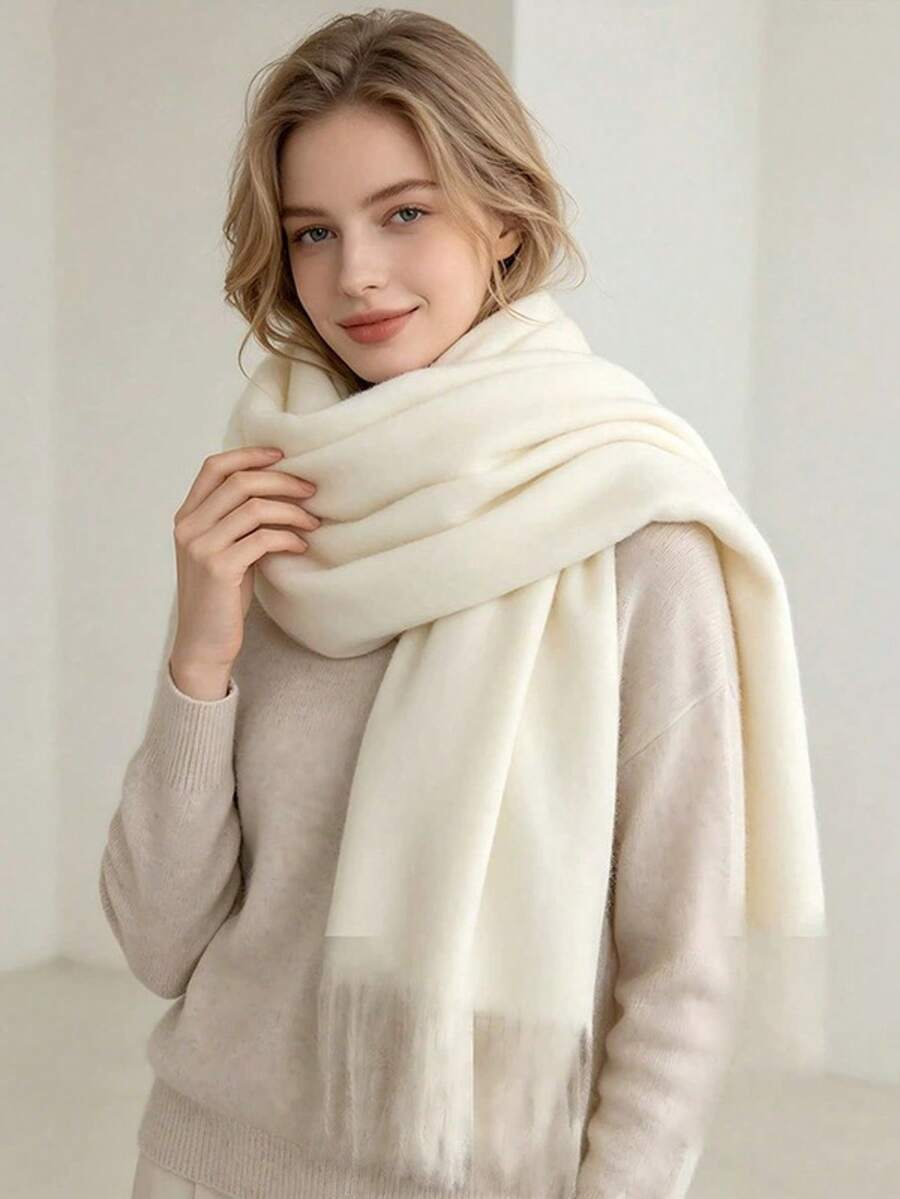 1pc Women's Solid Color Cashmere-Like Scarf, Soft Warm ThickFringed Shawl, Fashionable Versatile Winter Scarf For Daily Wear - Off White - View 1