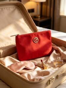 Armani Red Makeup Bag Embossed Logo Zipper Closure Large Capacity Travel Cosmetic Storage Bag With Handle Women's Beauty Storage Gift - Red - View 6
