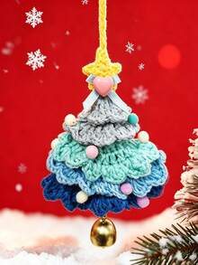 Crochet Christmas Tree With Bell Design, Artificial Christmas Tree For Home Wall, Office, Car Decoration, Holiday Hanging Ornament, Gift For Friends, Family, Lovers (Blue) - Multiple Styles - View 1