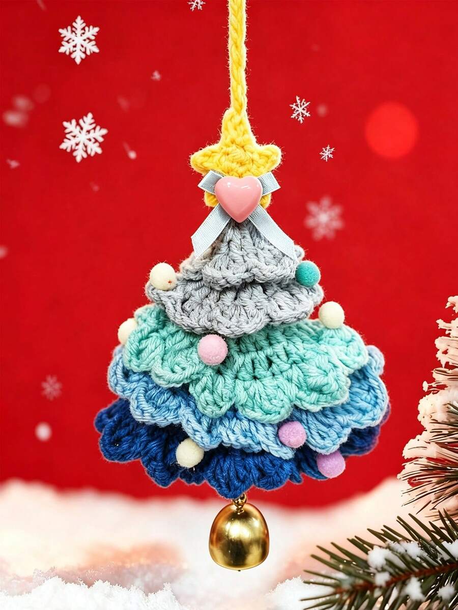 Crochet Christmas Tree With Bell Design, Artificial Christmas Tree For Home Wall, Office, Car Decoration, Holiday Hanging Ornament, Gift For Friends, Family, Lovers (Blue) - Multiple Styles - View 1