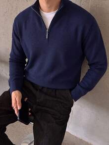Men's Zipper Vertical Ribbed Knit Sweater, Stand Collar Long Sleeve, Suitable For Office And Daily Wear, Fashion Casual - Navy Blue - View 5