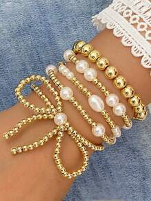 5pcs/Set Butterfly & Pearl Accent Teen Bracelets, Handmade Elastic String Beaded Pearl CCB Bracelets, Suitable For Daily Match, Travel, Party, Gift - Multicolor - View 6