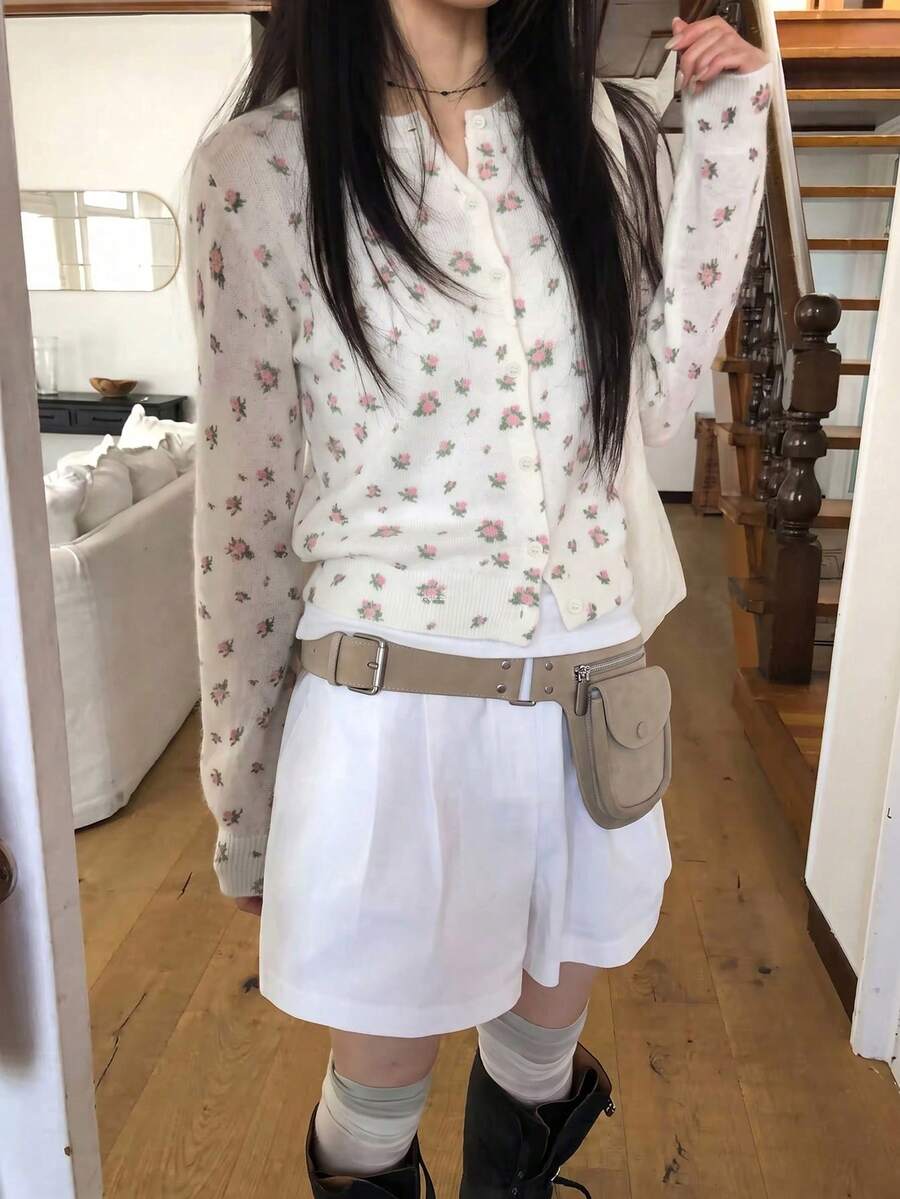 Autumn New Korean Style Gentle Floral Cardigan Women Round Neck Button Knit Top, Women's Autumn/Winter Clothing, Halloween - White - View 1