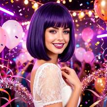 Carnival Easter Halloween Party Costume Wig, Clown Character Outfit, Suitable For Halloween Party, Stage Performance, Theme Cosplay, Also For Daily Wear, Fluffy Style With Strong Atmosphere, Comfortable To Wear, 12-Inch Purple Bob Wig With Bangs - Purple - View 2