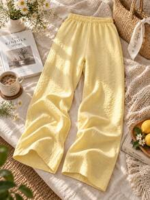 Tween Girls' 1-Piece Casual Loose Beach Pants, Streetwear Style Long Pants, Young Student Clothing, Suitable For Summer Daily Wear - Yellow - View 2