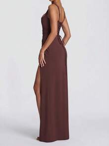 Sexy Summer Spaghetti Strap Lace Up High Quality High Slit Backless Ruched Brown Long Maxi Bodycon Dress Night Out Evening Party Dress - Brown - View 10