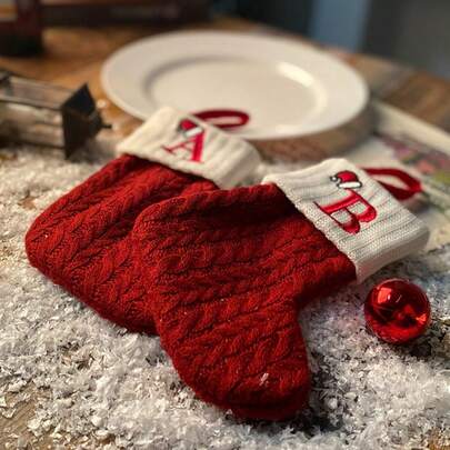 Red Letter Christmas Stocking – Knitted Wool Christmas Sock Hanging Ornament, Festive Joyful Decoration, Christmas Theme Letter Design, Perfect For Christmas Tree, Fireplace, Door & Window Hanging, Home Holiday Atmosphere Setup