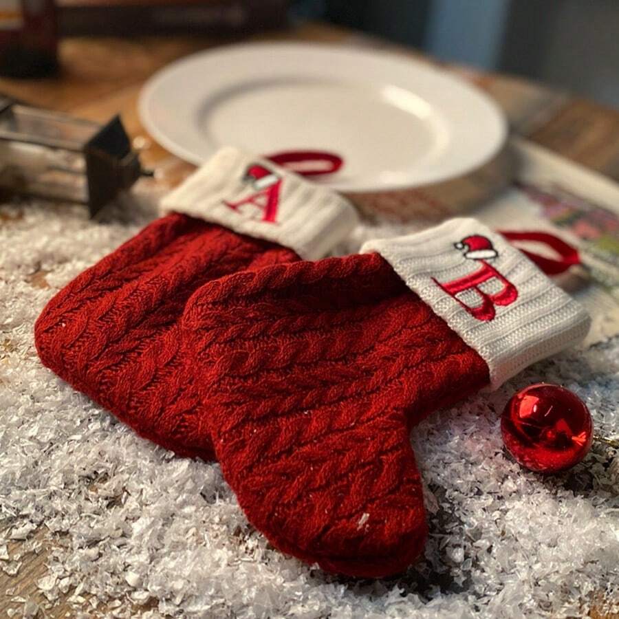 Red Letter Christmas Socks - Knitted Wool Christmas Sock Hanging Decoration, Festive Holiday Decor, Christmas Theme Letter Design, Perfect For Christmas Tree, Fireplace, Door And Window Hanging, Creating Home Holiday Atmosphere