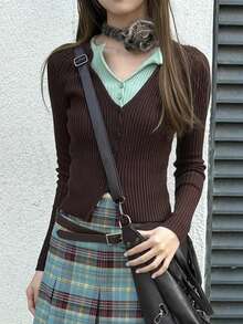 Autumn New Style 2 In 1 Contrast Color Long Sleeve T-Shirt Women's Slimming Waist Knit Top, Versatile Outerwear, Tops, Autumn, Halloween - Brown - View 2