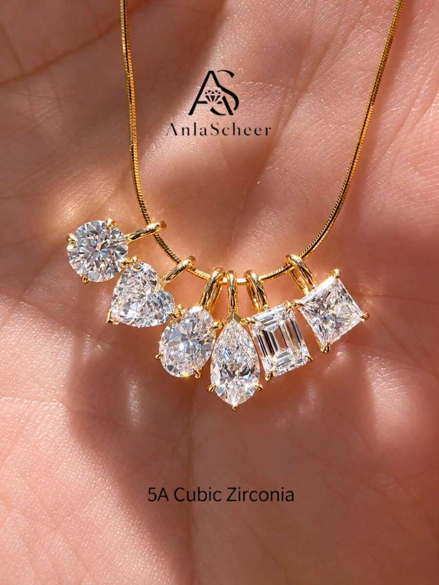 AnlaScheer 1PC Gold Tone S925 Sterling Silver Geometric Cubic Zirconia Pendant, Multiple Styles, Large Stone Charm For Women, Daily Party Birthday Gift, No Chain - Gold - View 1