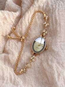 Women's Rhinestone Oval Dial Quartz Watch Adjustable Leaf Slider Bracelet Wristwatch Gift For Her Birthday Christmas - Silver - View 8