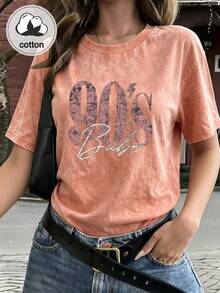 Women's 90s Vintage Print T-Shirt, Casual Short Sleeve Crew Neck Washed Top (Suitable For All Seasons), Orange, Women's Autumn Clothing Summer - Orange - View 8