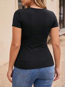 3pcs Plus Size Women's Built-In -Shirts, Solid Color Crew Neck Short Sleeve Thick Lining Basic Style, Wireless Bandeau Innerwear - Multicolor - View 2
