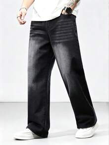 1pc Justice Brother Vintage Washed Loose Wide-Leg Jeans Pants, American Streetwear Style - Black - View 1