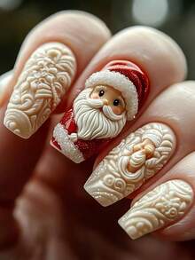 Christmas Medium-Long 24pcs Glossy White Santa Claus Pattern Fake Nails, Removable And Reusable Nail Stickers, Convenient For Travel, Parties, Events And Holidays - White - View 4