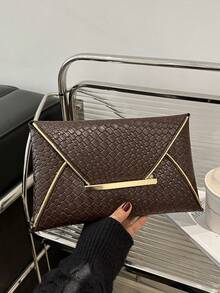 Dompet Koin Bertekstur Anyaman Warna Polos, Tas Clutch Kasual Minimalis Ringan dari PU Warna Polos, Tas Amplop - Kopi - View 10