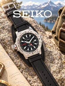 Men's SEIKO Perpetual Calendar Watch, Vintage Black Cow Leather Strap, Map Meter Compass Bezel, 200M Water Resistant Outdoor Exploration Wristwatch - Black - View 1