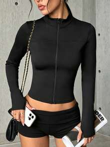 Hidkat Women's Fashion Solid Color Stand Collar Zip-Up Fitted Yoga Casual Sports Knit Jacket - Black - View 3