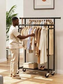 Double Rod Rolling Clothes Rack, Thickened Metal Frame, Double Hanging Rods, Movable With Bottom Universal Wheels, Simple Garment Storage Hanger For Home Bedroom Balcony - Multicolor - View 4