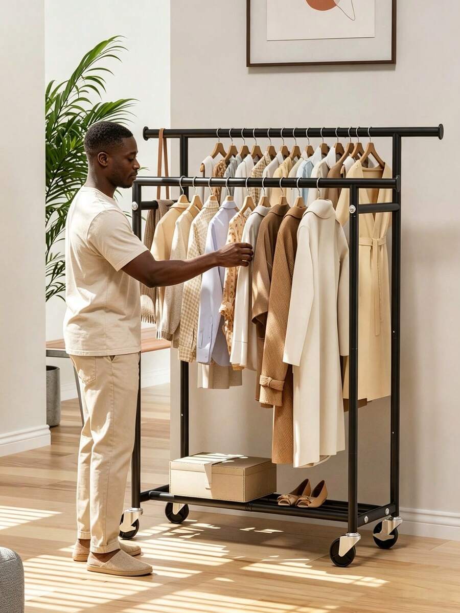 Double Rod Rolling Clothes Rack, Thickened Metal Frame, Double Hanging Rods, Movable With Bottom Universal Wheels, Simple Garment Storage Hanger For Home Bedroom Balcony - Multicolor - View 1