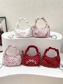 1pc Girls Bow Polka Dot PU Zipper Closure Sweet Ruffle Handbag Crossbody Bag Suitable For All Seasons Daily Use - A - View 2