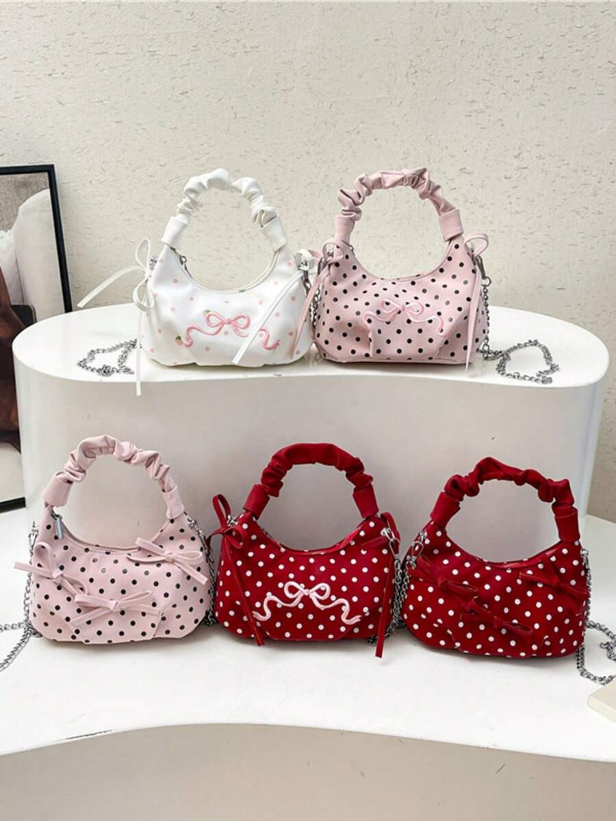 1pc Girls Bow Polka Dot PU Zipper Closure Sweet Ruffle Handbag Crossbody Bag Suitable For All Seasons Daily Use