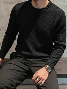 Men's Solid Color Crew Neck Jacquard Thick Vertical Stripe Knit Sweater, Loose Textured Basic Pullover Inner Layer For Autumn/Winter - Black - View 4