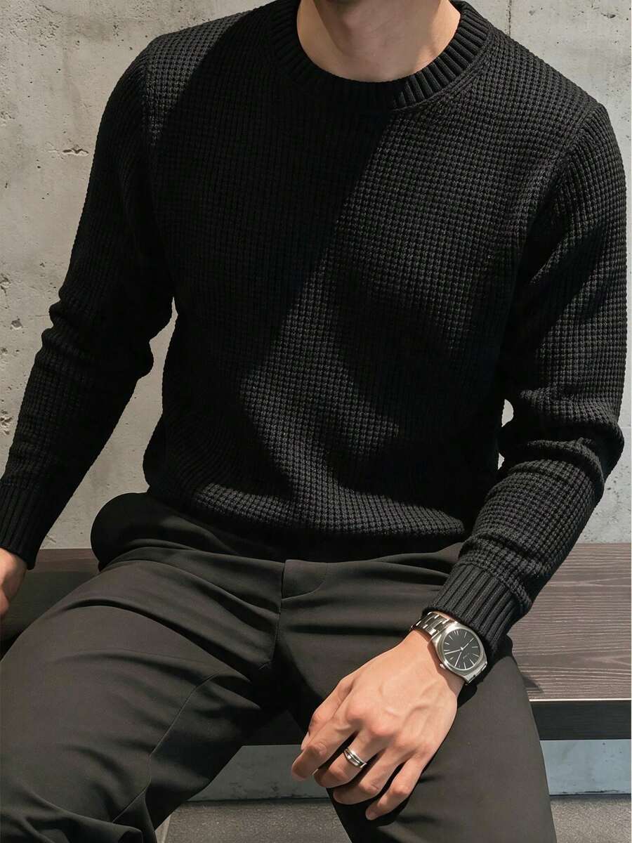 Men's Solid Color Crew Neck Jacquard Thick Vertical Stripe Knit Sweater, Loose Textured Basic Pullover Inner Layer For Autumn/Winter