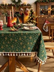 1PC Green Tablecloth With Gold Bell & Snowflake Pattern, Hot Stamping Craft, Farmhouse Christmas Style, Woven Fabric With Tassel Edge, Washable & Wrinkle Resistant, Decorative Table Cover For Dining Table, Xmas Holiday Party Decoration - Green - View 8