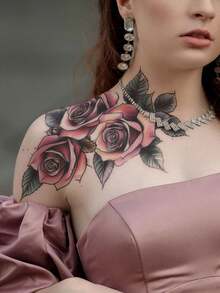 1 buah Stiker Tato Sementara Tahan Air Motif Bunga Mawar Merah Muda Seksi yang Dipersonalisasi untuk Pesta, Hadiah DIY, Hadiah Liburan, Festival Musik, untuk Lengan, Bahu, Leher, Tulang Selangka, Punggung - MultiWarna - View 4