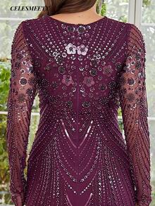 Elegant Purple Sequin Beaded Long Evening Gown, Soft Elastic Mesh Party Dress, Suitable For Christmas, Party, Wedding - Purple - View 8
