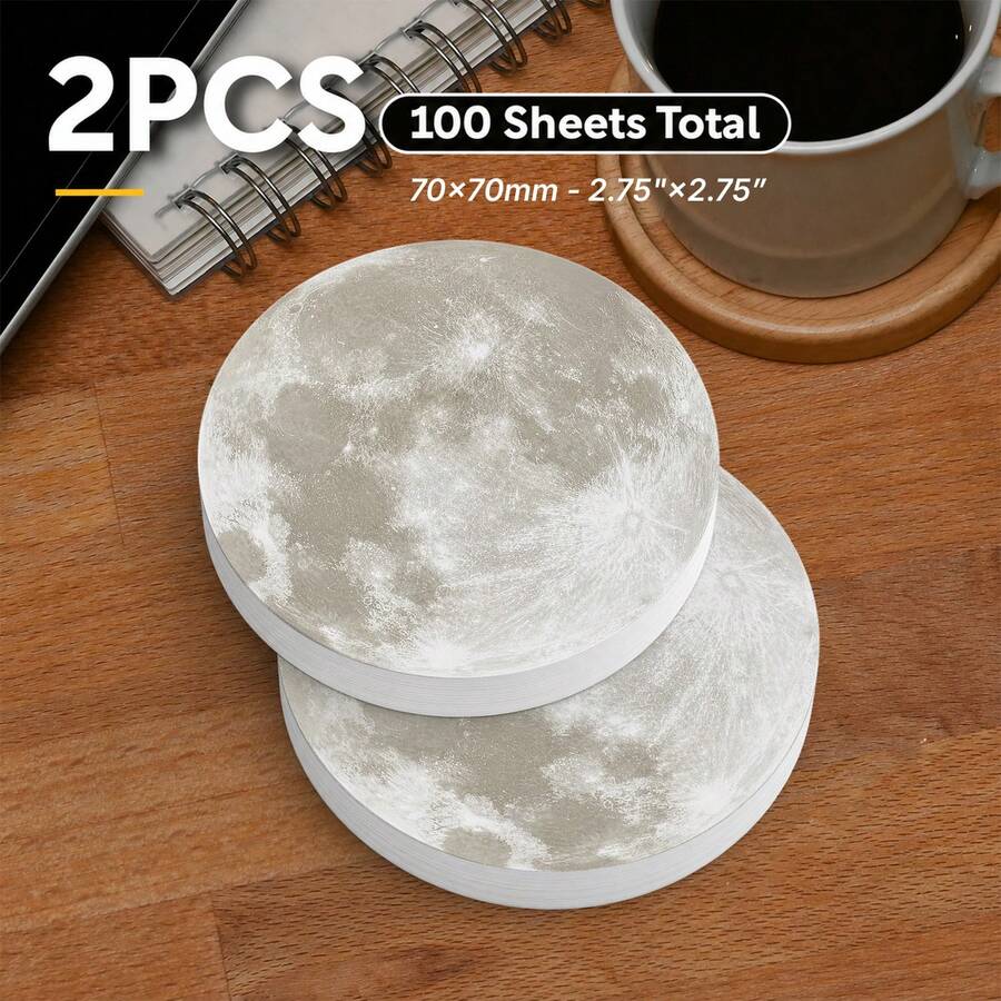 2 Packs Total 100 Sheets Moon-Shaped Round Sticky Notes, Realistic Full Moon With Lunar Sea And Crater Details, Self-Adhesive Memo Pads, Galaxy Space Theme, Office Desk Decor Small Gift - 70x70mm - View 1