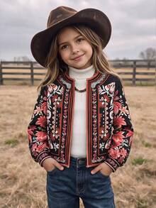 Tween Girl Floral Print Casual Daily Long Sleeve Jacket - Multicolor - View 1
